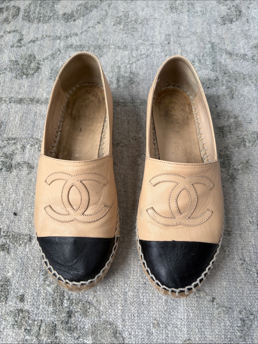 CHANEL Beige and Black Leather Espadrille Flats